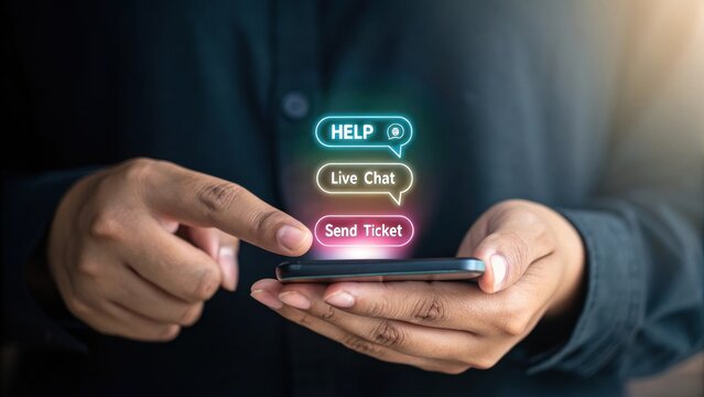 Digital Support Options: A person's hands hover over a smartphone displaying digital support options such as "Help," "Live Chat," and "Send Ticket," symbolizing readily available customer service.