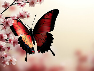 Vivid butterfly perches amidst pink cherry blossoms in a soft serene pastel backdrop