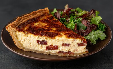 A slice of bacon quiche with a side salad.