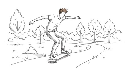 Fototapeta premium Skateboarder enjoys the park path, a peaceful outdoor recreational experience