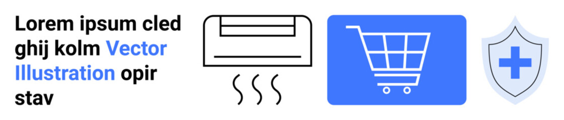 Air conditioner with airflow lines, blue shopping cart, and protective shield. Ideal for shopping, comfort, security, health, e-commerce, HVAC simple landing page