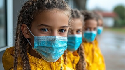 Masked Children in Yellow Raincoats