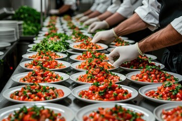 Obraz premium A Caterer Arranging Plates of Tomato Salad for a Buffet