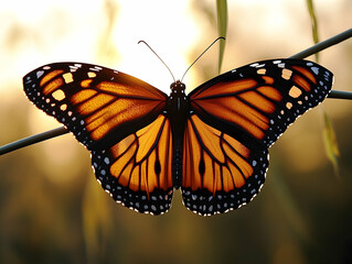 Fototapeta premium Vivid orange butterfly with black veins and white spots sits on a thin stem Wings are open