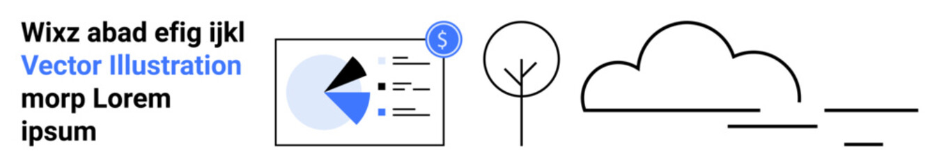 Pie chart with data labels, dollar sign icon, tree, and cloud denoting growth, finance, nature balance. Ideal for finance, eco solutions, presentations marketing reports education simple landing