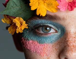 Fototapeta premium Close-up of a woman's face with colorful glitter makeup and flowers.