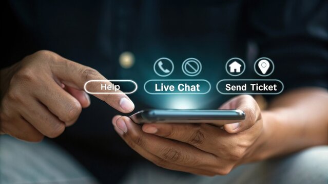 Help Desk Assistance: A close-up photo of a hand pressing the "Help" button on a smartphone, showcasing the digital support options available through live chat, phone call, and ticketing system.