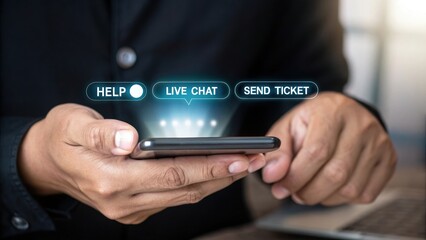 Customer Support On Mobile:  Person using smartphone for online help, customer service options displayed.