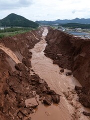 A muddy river flows through a deep channel after a landslide.