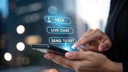 Digital Helpdesk Support: A close-up shot of a hand interacting with a smartphone screen, showcasing a virtual helpdesk interface with buttons for "Help," "Live Chat," and "Send Ticket.