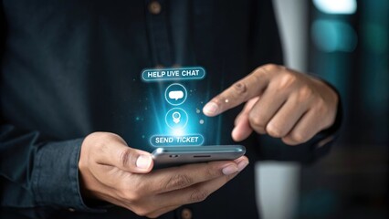 Digital Help Desk: A close-up image showcasing a hand interacting with a digital help desk interface on a smartphone.