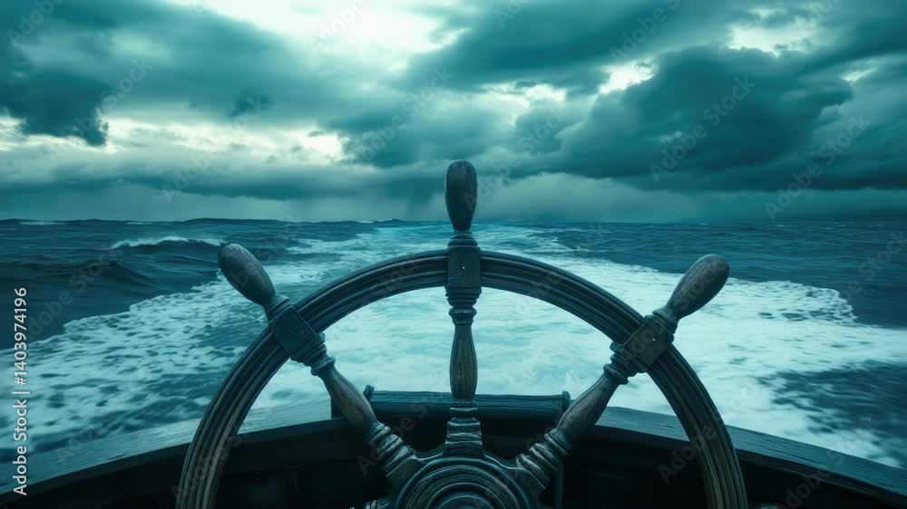Poster a steering wheel on a boat in the open ocean, suitable for use in travel or adventure-themed project