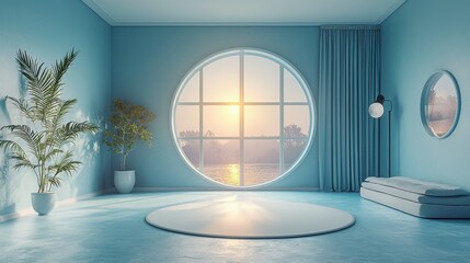 Serene Coastal Sunrise Room: Minimalist Blue Interior Design