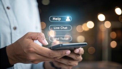 Digital Support at Your Fingertips: A person interacts with a mobile phone, showcasing options for assistance – Help, Live Chat.