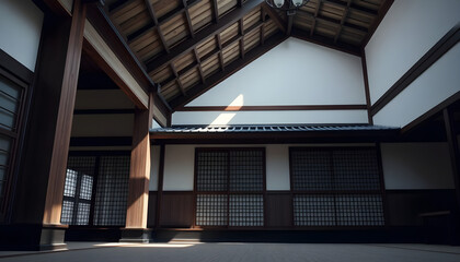 room with a roof made of wood and white walls