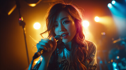 Asian female K-pop singer in a trendy outfit, striking a dynamic pose while singing into a wireless mic, vibrant stage lighting enhancing her performance, isolated industry use