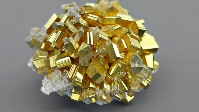 Raw pyrite cluster with crystalline structures showing distinct golden, brassy hues on a gray backdrop, sparkling cube pyrite mineral.