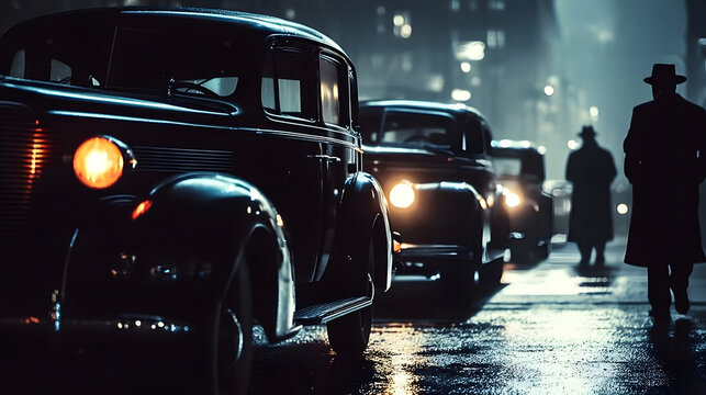 An atmospheric Retro Noir scene with vintage cars and detectives in a 1940s cityscape backdrop, close-up shot, Retro style