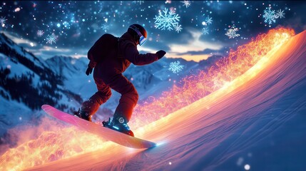 Snowboarder on fire, snow, mountains, winter, night, flames, magical, fantasy, action.