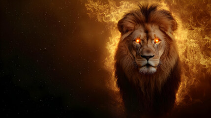 Naklejka premium Majestic Lion Head Surrounded By Fiery Flames With Glowing Orange Eyes and Dark Background