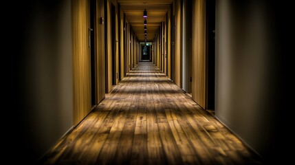 Naklejka premium Long hotel corridor with wooden floor and doors
