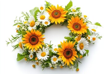 a sunflower and daisy wreath, bright and cheerful with natural textures, isolated on white background