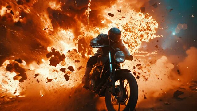 A motorcyclist speeds through a dramatic explosion, showcasing action and adrenaline in a cinematic scene.
