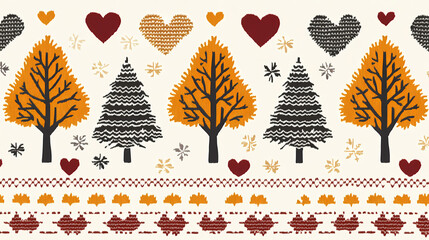 Cozy knit scandinavian pattern featuring trees and hearts in warm tones. Timeless Knit. Illustration
