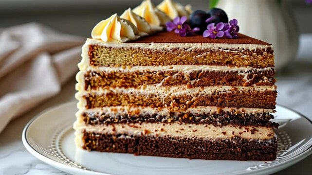This rich layered cake features alternating chocolate and vanilla flavors, topped with berries.