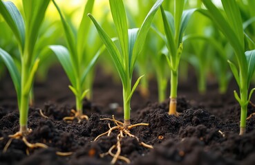 Fresh green corn plants with visible roots grow in dark soil. Young crops emerge, vibrant leaves, healthy growth during spring season. Close-up shot agricultural field, natural farming, organic food.