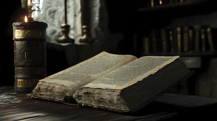 An open magic book on an old table. Legendary Tome. Illustration