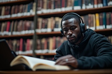 Dedicated Black student guy in headphones studying online with copybook in front of laptop in university library, blending technology and traditional, Generative AI