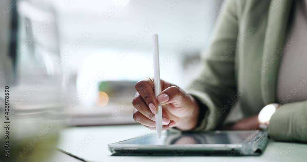 Poster Closeup, hands or person with tablet for notes, ux design or writing with developer for software update. Office, business employee or web designer with digital pen for ui testing, information or tech
