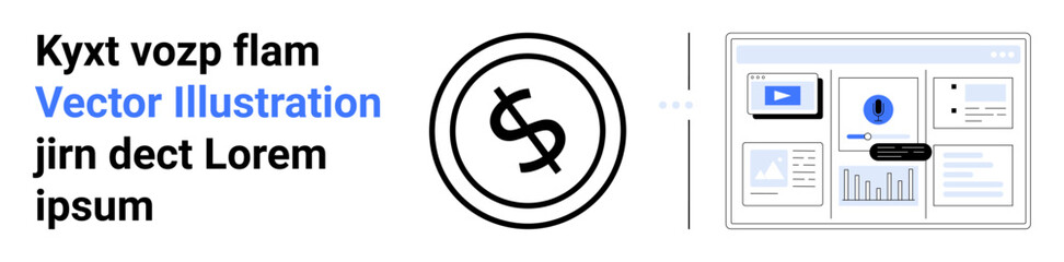 Currency icon connected to a dashboard interface with charts, graphs, and video content. Ideal for finance, analytics, fintech, investment, business planning apps marketing. Abstract line flat