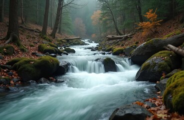 Rapid river flows from mountains through autumn forest. Water stream bends around stones fallen trees. Forest stream overgrown with moss at river bank. Scenic landscape shows natural beauty.