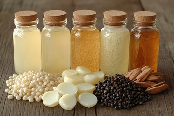 Five Glass Bottles with Cork Stoppers Containing Various Substances, Accompanied by White and Black Peppercorns, White Cubes, and Almond-Like Pods