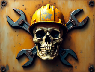 Skull with yellow hard hat and crossed wrenches on a rusty background creates a unique industrial design