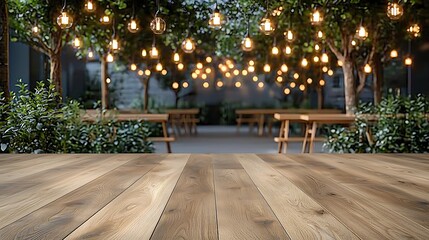 Fototapeta premium Rustic Wooden Tabletop Background Under String Lights
