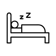 Minimalist black line icon of sleeping person in bed with blanket and Z symbols, rest or hotel sleep symbol for travel design