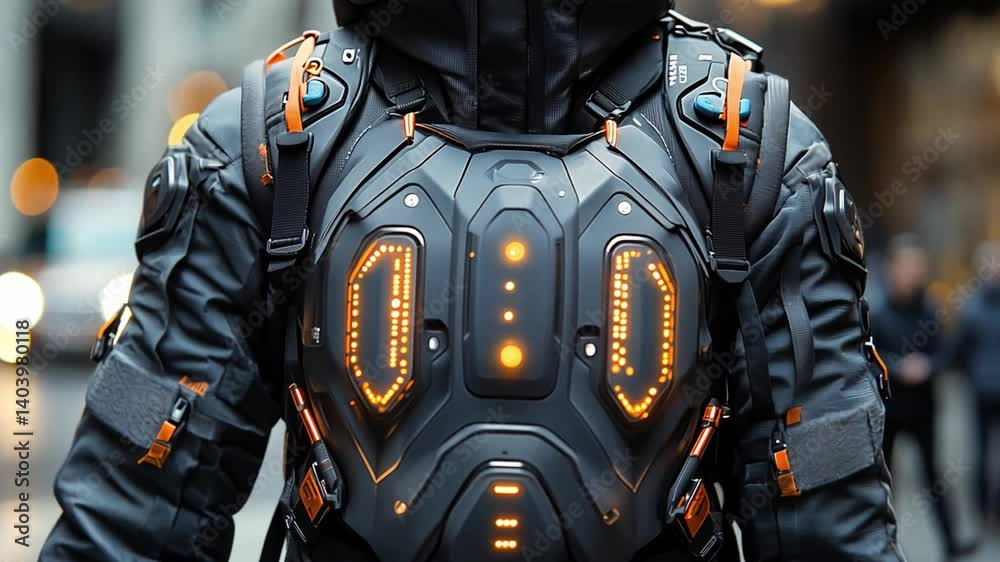 Poster this person wearing advanced wearable tech with illuminated features walks through the city. exoskel