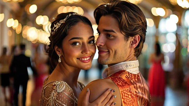 This elegant couple enjoys a romantic dance surrounded by soft lights and joyful guests.