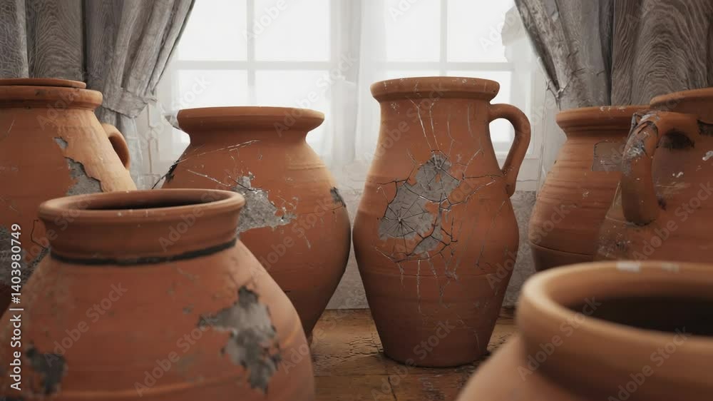 Aufkleber a collection of ceramics in various shapes and sizes placed next to a window, possibly waiting for d