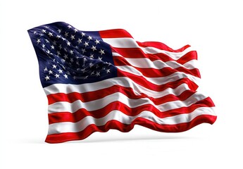 Waving American flag against a stark white background.