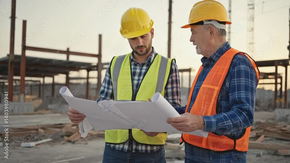 Poster Two workers in hard hats and vests examining blueprints on a construction site.