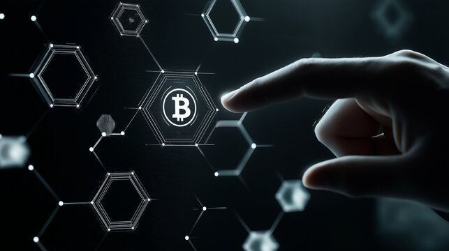 Futuristic hand touching digital Bitcoin icon, cryptocurrency and blockchain technology interface