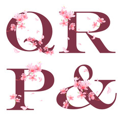 Cherry blossom flower alphabet with pink petals and sakura flowers for printing, cards, posters © DafnaWii