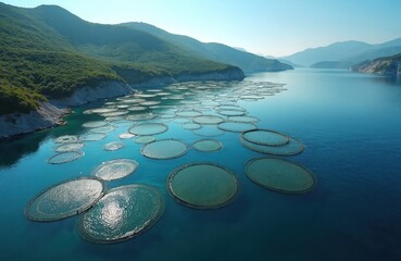 Spectacular aerial view fish farm aquaculture in Greece. Fish farming development on sea, lake river. Commercial marine production with circular net pens in blue water. Sustainable fishery industry.
