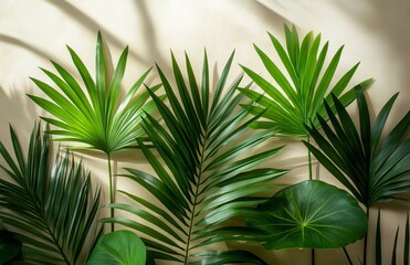 A simple summer backdrop featuring the natural shadow of a palm leaf. A pastel-toned aesthetic image with a palm plant's shadow on the wall and table, suitable for product presentations