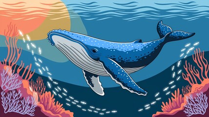 A vibrant illustration of a humpback whale gliding through a vibrant coral reef. The whale is depicted with intricate detail and a school of fish swims around it.