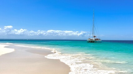 Catamaran anchored off Cayo Levantado Island  (or Bacardi Island)  in the Dominican Republic